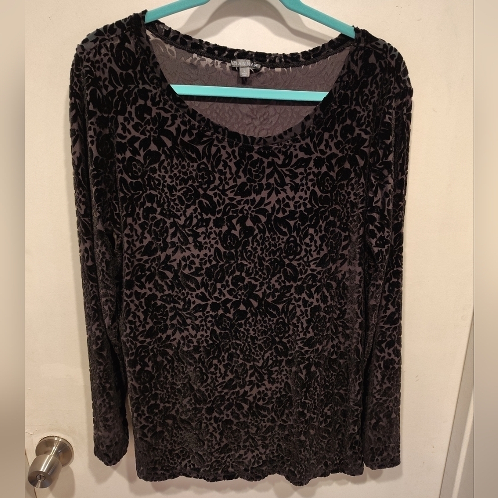Hannah Black Velvet Burnout Long Sleeve Scoop Neck Top Sz L Whimsigoth Witchcore